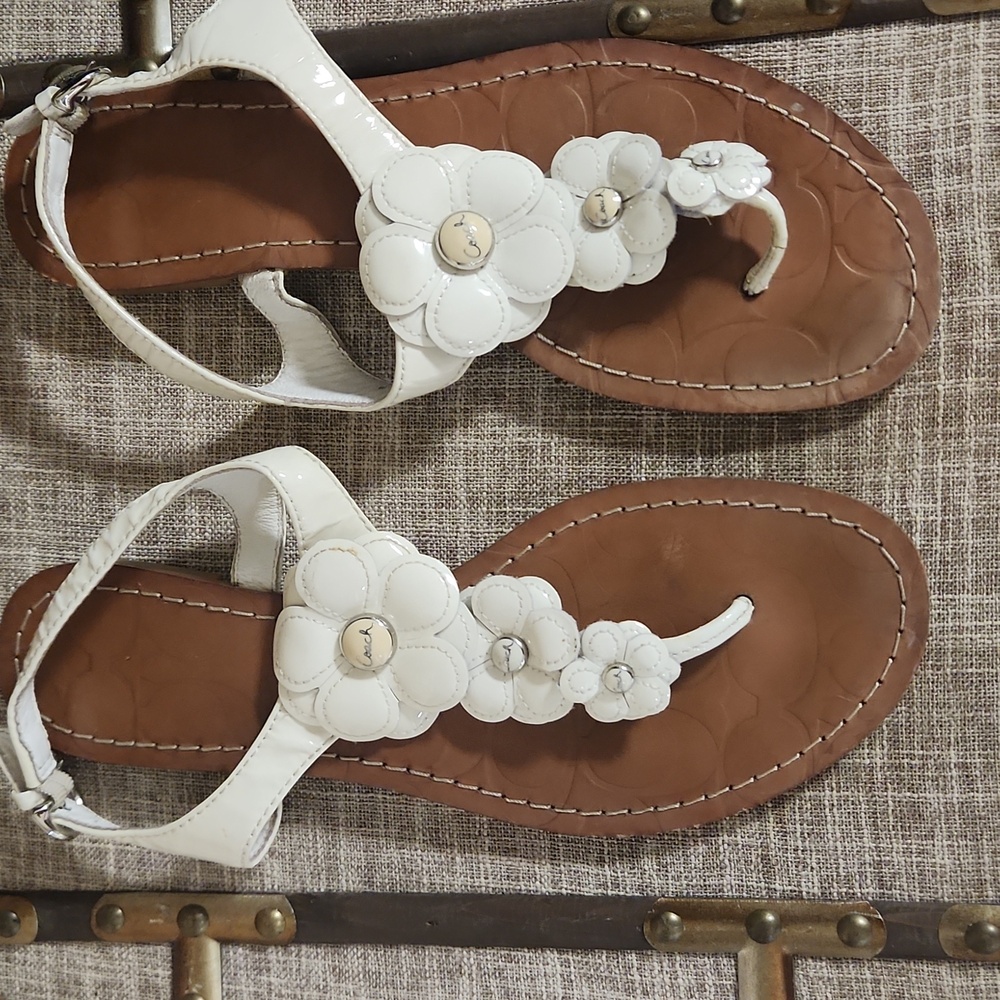 Coach White Floral T-Strap Leather Sandals